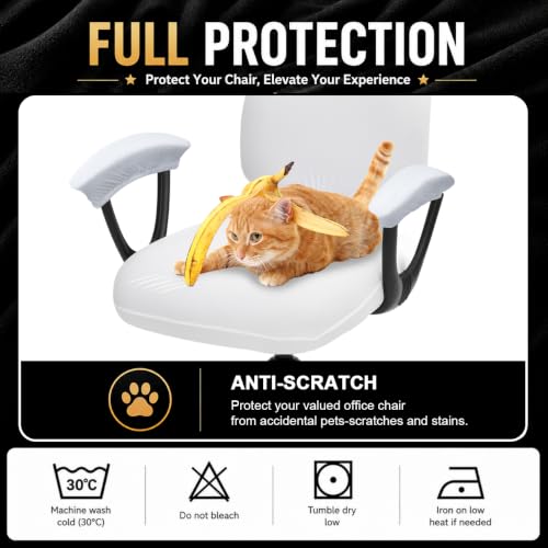Image of Stretchable Separate Office Chair Seat Covers with Armrest Covers - Universal Stretch Computer Chair Slipcover - Washable Rotating Backrest Coverings & Cushion Protectors for Dogs, Cats, Pets, White