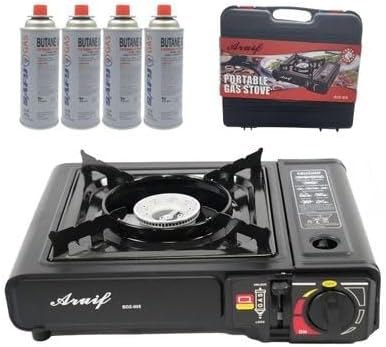 Portable Camping Gas Stove + 4 Gas Canisters 227g | Piezo ignition, adjustable flame and carry case for outdoor cooking