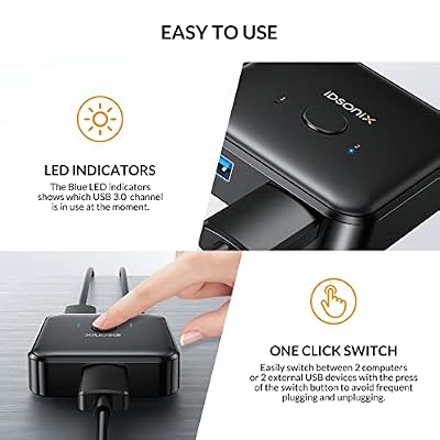 iDsonix USB 3.0 Switch 1 in 2 Out(2 in 1 Out) Bi-Directional, USB Switch 2 Computers Share 1 Device for Printer,Scanner,Keyboard, USB Sharing Switch with 2pcs A to A 3.3ft Cables