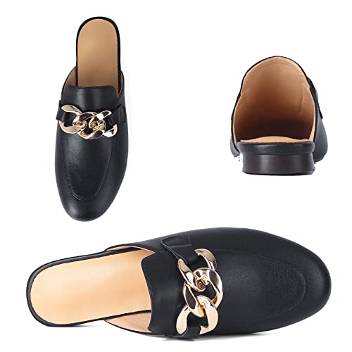 Betastella Women's Metal Chain Flat Genuine Leather Mules Slip On Loafers Backless Closed Toe Slide Sandals, Size 9, Black #TOP6