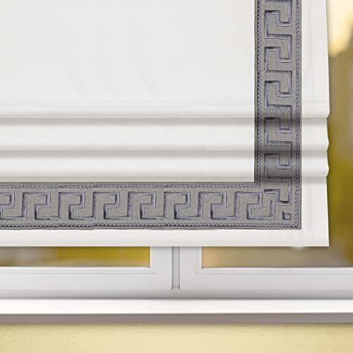 Cordless White Roman Shades with Embroidered Borders, Greyish Blue Greek Key Blackout Privacy Roman Window Shades, Custom Fabric Roman Shades for Windows, French Doors, Bathroom