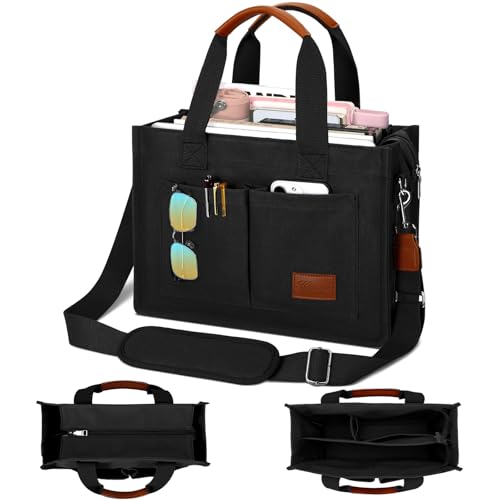 KKXIU Large Canvas Tote Bag for Women with Zipper and Compartments Crossbody Work Bible Messenger Purse Bag With Pockets - Black
