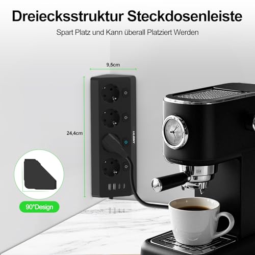 Steckdosenleiste mit 2 USB C und 2 USB A, 4 Fach Ecksteckdose Einzeln Schaltbar Mehrfachsteckdose Überspannungsschutz 3680W Mehrfachstecker Wandmontage, Steckerleiste 2M Kabel Schwarz für Küche Büro 4