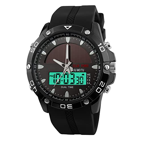 FeiWen Herren Outdoor Solar Digital Uhren Edelstahl Wählscheiben mit Kautschuk Band 50M Wasserdicht Analog Quarz LED Doppelte Zeit Multifunktional Sport Armbanduhren, Schwarz