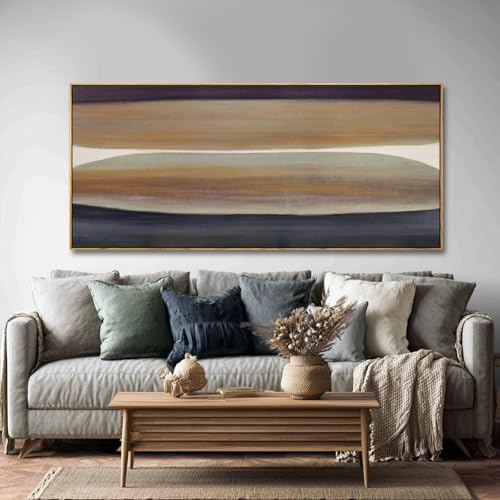 Beige Brown Hand-painted Canvas Wall Art, 32x70 Inch Framed Horizontal