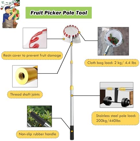 Adjustable Fruit Picker Pole 7-33FT - Telescopic Grabber Tool for Avocado, Lemon, Pear, Mango - Includes Fruit Picking Basket (7m/23ft) - Easy Reach Harvesting Tool