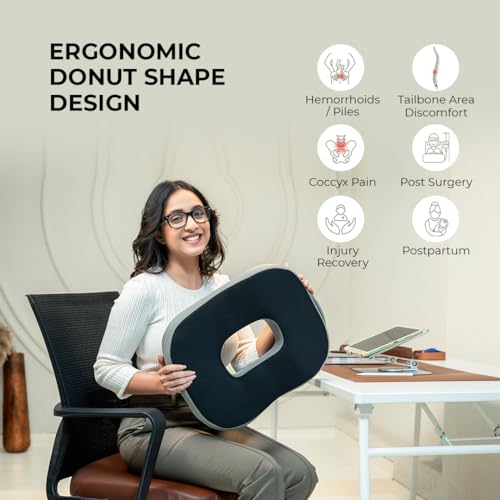 Image of WELLGIVER Orthopaedic Gel Foam Donut Pro Ring Pillow Coccyx Seat Cushion Piles Haemorrhoid Tailbone Pain Fistula Prostate Post Natal Pain Relief | 18 x 14 x 3 Inch | Premium Air Mesh Removable Cover