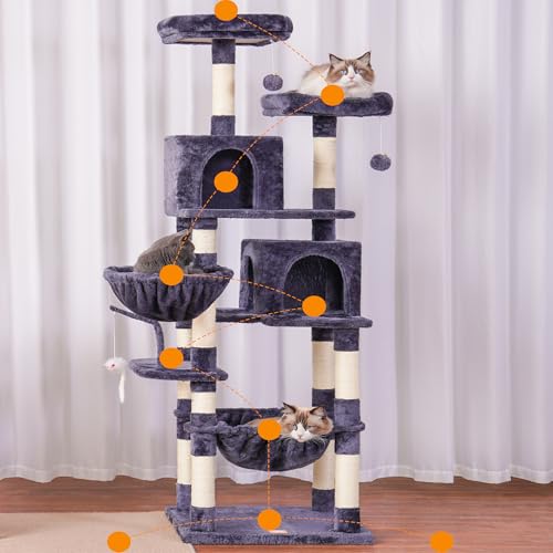 Image of Heybly Cat Tree, 70 inches Tall Cat Tower for Indoor Large Cats HCT032G | Big Cat Condo with Toy , Cat House Furniture with Padded Plush Perch, Cozy Hammock and Sisal Scratching Posts, Smoky Gray