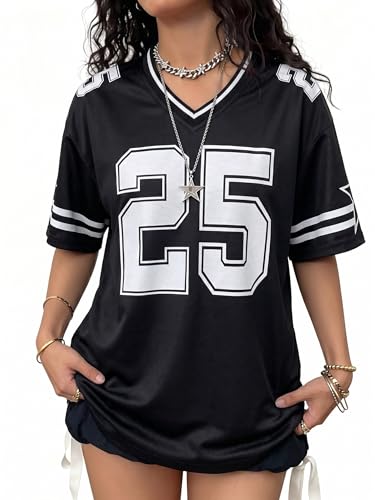 Image of Jersey Shirts for Women Y2k Graphic Tees V Neck Baggy Streetwear Number Oversized T Shirt Summer Tops