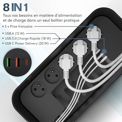 Boîte cache câble avec multiprise intégrée et ports USB-A/USB-C Quick Charge 3.0 - 4