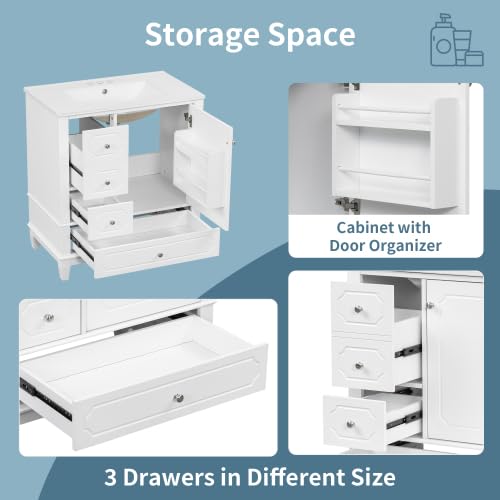 Image of Bellemave 30 inch Bathroom Vanity with Ceramic Sink & 3 Drawers, Bathroom Cabinet with Storage Shelves & Solid Wood Base, Freestanding Vanity Cabinet with Soft-Close Door with Organizer (White /30)