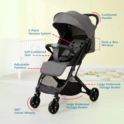 Image of Amazon Brand - Supples Baby Stroller for Newborns & Toddlers 0-3 Years | Auto Fold Travel Cabin Trolley Pram | Adjustable Backrest, 5-Point Safety Harness, 360 Wheels | Grey