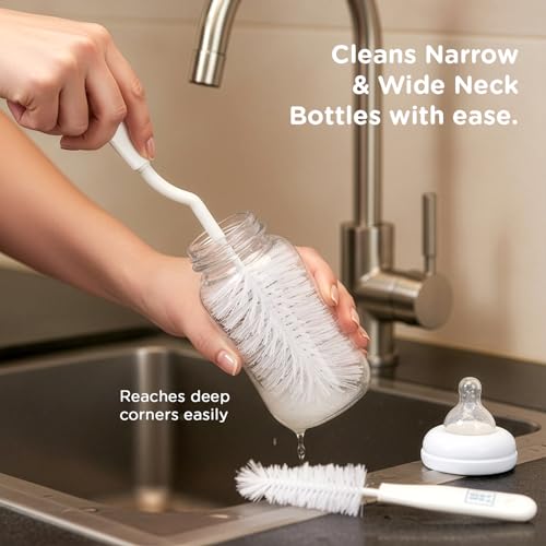 Image of Mee Mee Nylon Bottle Brush with Nipple Cleaner | 360 Rotating Handle | High-Density Soft Bristles | BPA Free | Scratch-Free Cleaning | Non-Toxic | Easy Grip | Dishwasher Safe (White) (Pack of 4)