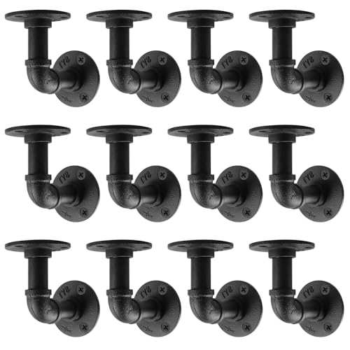 MUZIK Shelf Bracket, 12 Pack Heavy Duty Floating Shelf Brackets, Industrial Pipe Wall Mount Metal Shelving Brackets for Shelves, Vintage Black Iron Finish DIY Pipe Shelf (4*4 Inch)