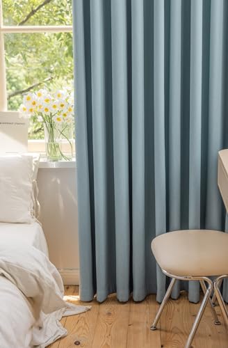 Lirzxin Chenille Living Room Curtain Eyelets 54 Inch Drop, 2 Panels Blackout Curtains for Bedroom Solid Color with Wave Stripes Texture Light Blue Drapes Darkening Curtains, 42" W x 54" L - Image 6