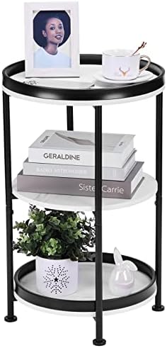 Dulcii Marble White Round End Table, 3 Tiers Round Side Table with Sturdy Metal Frame, Metal Round Sofa Table, Vintage Nightstand for Living Room Bedroom, Easy Assembly
