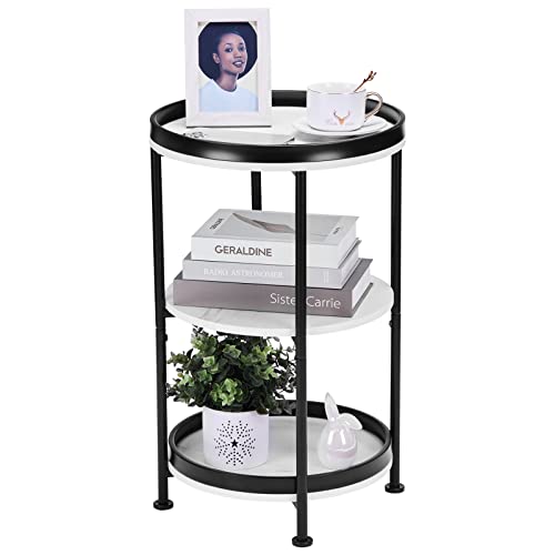 Dulcii Marble White Round End Table, 3 Tiers Round Side Table With Sturdy Metal Frame, Metal Round Sofa Table, Vintage Nightstand For Living Room Bedroom, Easy Assembly #TOP13