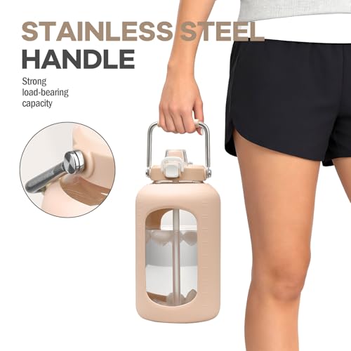 Image of WINSA 100 oz Glass Water Bottle with Straw, 3 Liter, Amber | Gallon Drinking Bottle, With Handle, Silicone Sleeve, For Gym Sports, Wide Mouth