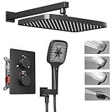 Alphabath Thermostatic Shower System, 12' High-Pressure Rainfall Shower Head & 4-in-1 Handheld, Luxury Matte Black Shower Faucet Set with Brass Valve (Concealed Installation)