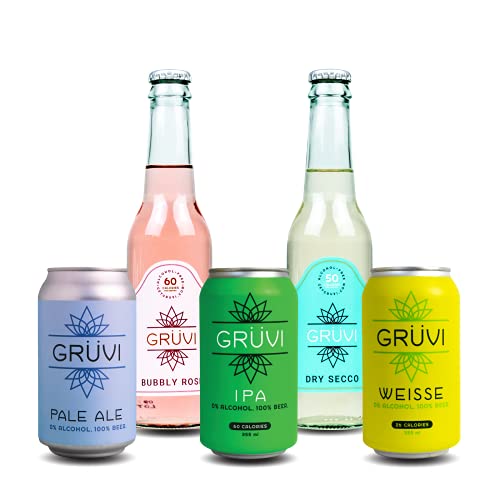 Gruvi Non-Alcoholic Beer and Wine Variety Pack, 20-Pack, IPA, Sour Weisse, Pale Ale, Prosecco, Bubbly Rose, 0% ABV, Zero Alcohol Beer and Sparkling Wine, NA Beer, NA Wine