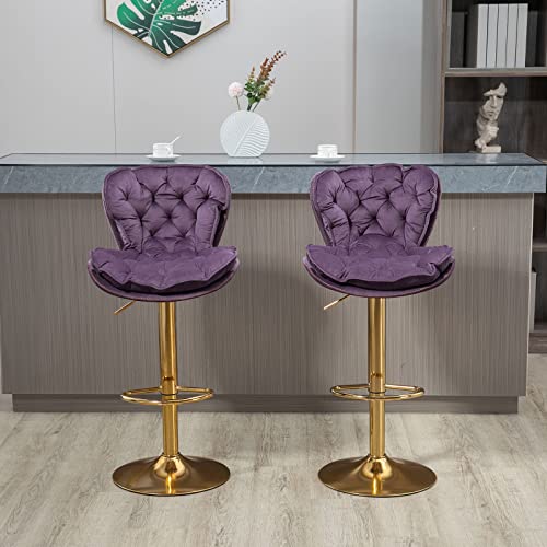 Kivenjaja Velvet Tufted Bar Stools Set Of 2, Modern Height Adjustable Swivel Barstools Counter Chairs With Back & Gold Metal Base For Pub, Kitchen, Cafe (Purple) #TOP6