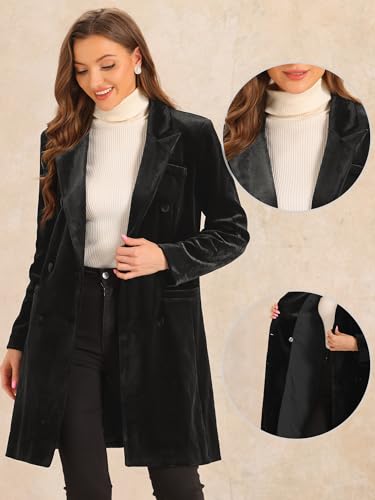 Allegra K Velvet Coat for Women's Lapel Double-Breasted Long Outerwear Winter Coats2
