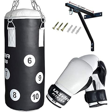 Kids Punch Bag with 6oz Junior Gloves & Wall Bracket set for Boxing - Black&White Cover