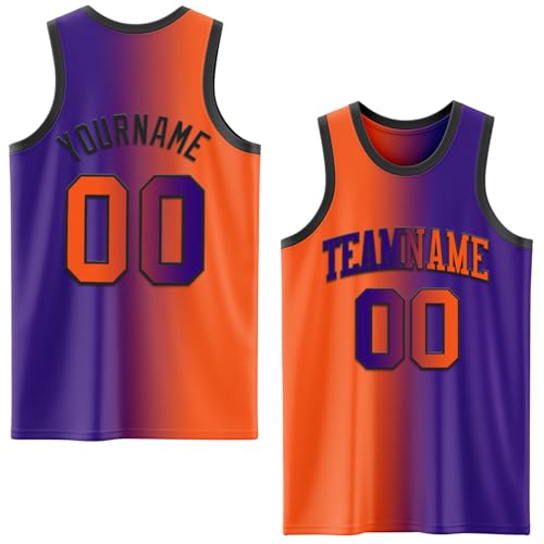 Custom Gradient Basketball Jersey Men Boys, Personalized Lightweight Moisture Wicking Sleeveless Soccer Practice Uniform Tops for Youth Adult, Design Purple Orange-Black Fade Sports Fan T-Shirt, S-4XL