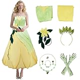 Saephaw Princess Tiana Costume Women Green Flower Dress Tops Skirt Set Headband Necklace Earrings Halloween Cosplay Outfits S