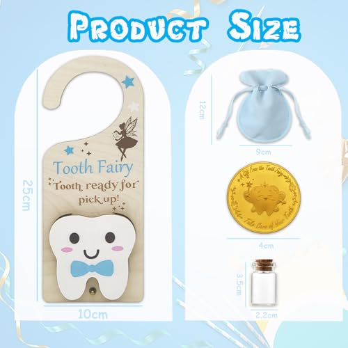 Image of Tooth Fairy Tooth Bag, Tooth Fairy Door Hanger with Tooth Fairy Coin, Money Slot, Keepsake Bottle, Velvet Pouch, Tooth Fairy Box - Encouragement Gift for Boys and Girls Losing Teeth
