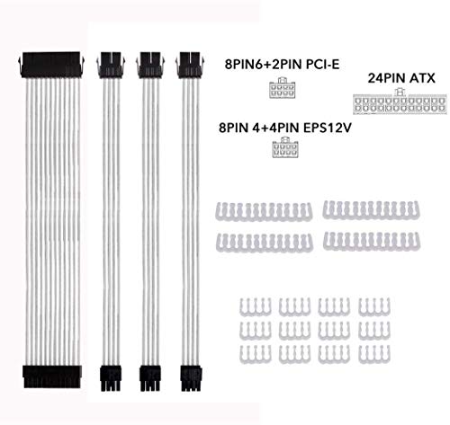 ATX Sleeve Extension Cable Kit with Silver Core Wire, 24 Pin ATX Extension Cable, 8Pin 4+4 Pin EPS12V Cable, 8 Pin 6+2Pin PCI-e Cable with Cable Combs for ATX Power Supply - White