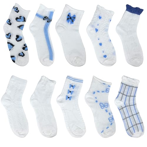 Image of 10 Pairs coquette socks Cute Floral Flower bow Socks Cottagecore Frilly Fancy aesthetic socksLace Ruffles Socks for Women (US, Alpha, One Size, Regular, Regular, Blue)