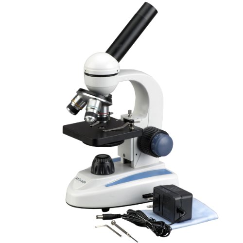 AmScope M158B Cordless Compound Monocular Microscope, WF10x and WF20x Eyepieces, 40x-800x Magnification, LED Illumination with Rheostat, Brightfield, Single-Lens Condenser, Coaxial Coarse and Fine Focus, Plain Stage, 110V or Battery-Powered