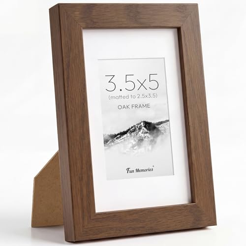 Fun Memories 3.5x5 Picture Frame, Solid Oak Wood 3.5 by 5 Photo Frames for Wall or Tabletop Display, Rustic 3.5 x 5 Wood Frames for Home Decor, 3.5x5 Frame Matted to 2.5x3.5, Walnut Color
