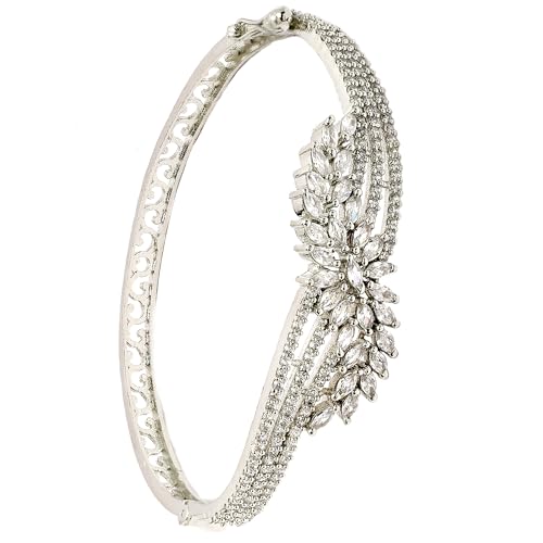 Image of ZENEME Rhodium-Plated Silver Toned American Diamond Studded Contemporary Kada Bracelet For Girls and Women