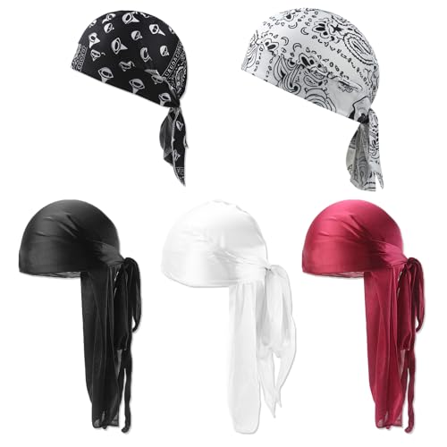 MLPKOI 5Pcs Durag de Seda, Gorro Bandanas Piratas Elástico Envoltura de Cabeza con Cola Larga Correas Anchas Para Hombres y Mujeres Decoración Diaria de Hip Hop