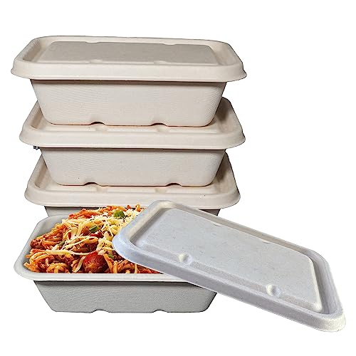 EcoQuality 22oz Disposable Bowls with Fiber Lids - Rectangular Compostable Sugarcane Fiber Biodegradable Paper Bowls Eco-Friendly Take Out Food Storage Containers, Microwave Safe, Meal Prep (25)