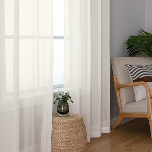 Image of Chyhomenyc Sheer Curtains 72 Inch Length 2 Panels, Short Window Curtain Drapes Semi Transparent Voile Rod Pocket Curtains for Dining Bedroom Nursery Living Room, 42W x 72L inch, Ivory