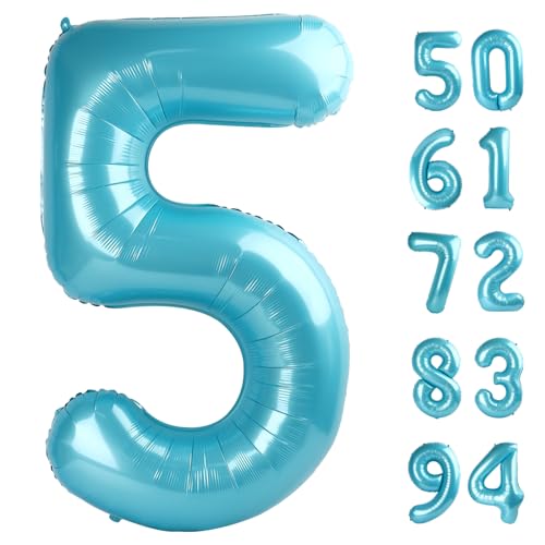 Image of Pearlescent Blue 5 Balloon, Number Balloons 40 Inch, 5th Birthday Balloon Decorations, Pearlescent Blue Party Supplies, 5 Number Balloons, Number 5 Balloon