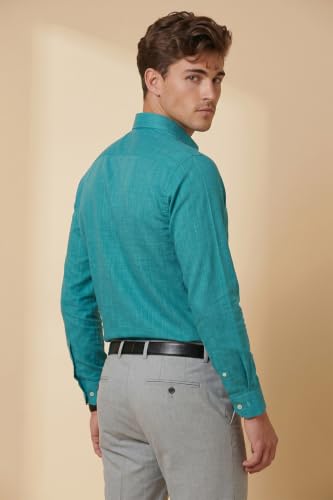 Image of Peter England Men's Slim Fit Full Sleeve Formal Textured Solid Shirt | Festive Duo-Tone Colour | 100% Cotton