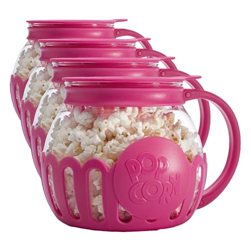 Image of Ecolution Patented Micro-Pop Microwave Popcorn Popper with Temperature Safe Glass, 3-in-1 Lid Measures Kernels and Melts Butter, Made Without BPA, Dishwasher Safe, 1.5-Quart, Pink (Pack of 4)