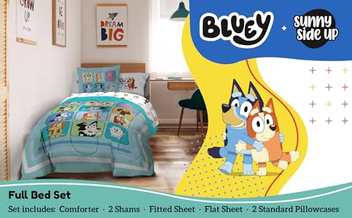 Image of Sunny Side Up Bluey & Friends Full Comforter Set - 7 Piece Kids Bedding Includes Comforter, Sheets & Pillow Cover - Super Soft Microfiber Bed Set