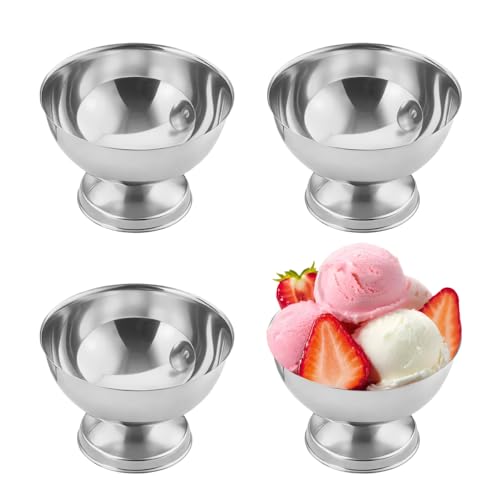 Lot de 4 Coupes à Glace en Inox Fini Miroir, 150 ml Bol à Dessert Résistant aux Chocs, Bol Alimentaire Pré-réfrigération, pour Crème Glacée, Salade de...