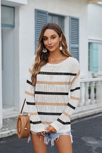 Image of Zeagoo Crochet Tops for Women Off The Shoulder Hollow Out Stripe Knit Loose Long Sleeve Boatneck Summer Clothes White Khaki Black Stripe XXL