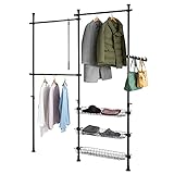 SoBuy FRG34-SCH Regalsystem mit 3 Kleiderstangen und 3 Körben Teleskop Garderoben System Verstellbares Ordnungssystem