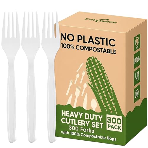 Heavy Duty Compostable Forks (300Pack) Eco-Friendly Heavyweight No-Plastic Fork - 100% Disposable Forks Cornstarch Flatware for Lounge Party Wedding BBQ Picnic Camping