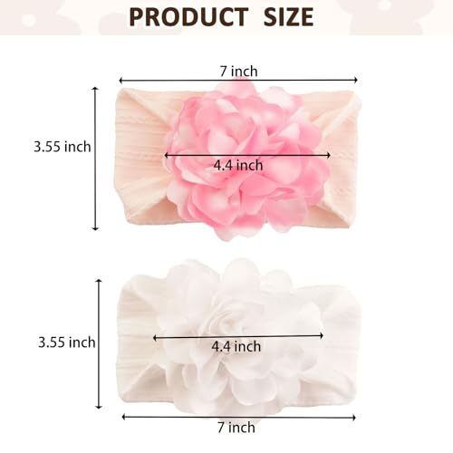 2PCS Baby Girls Flower Headbands Soft Nylon Hairbands Handmade Hair Accessories For Kids Toddlers Infants Newborn Child(white and pink, elastic)3