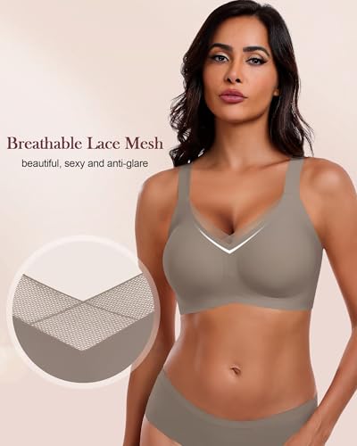 Image of HORISUN Seamless Mesh Lace Bras for Women No Underwire Wireless Bras with Support and Lift Full Coverage Deep V Bralettes