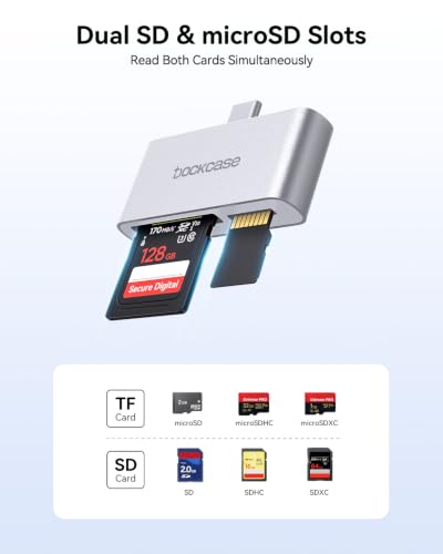 DOCKCASE USB-C SD Card Reader for iPhone 17/16/15 Pro/Max, Dual Slot USB 3.0 SD & Micro SD Card Adapter, Compatible with SDHC/SDXC, for iPhone, iPad Pro, MacBook Pro/Air (Silver) — view 3