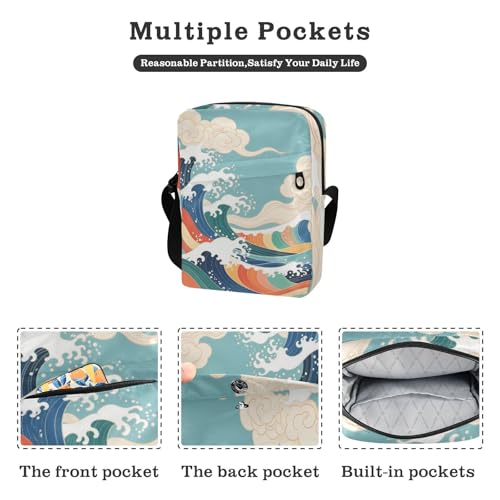 Retro Japanese Colorful Waves mens messenger bag Crossbody Small Bag For Women Woman Cross Body Purse Adjustable Strap for work Travel2